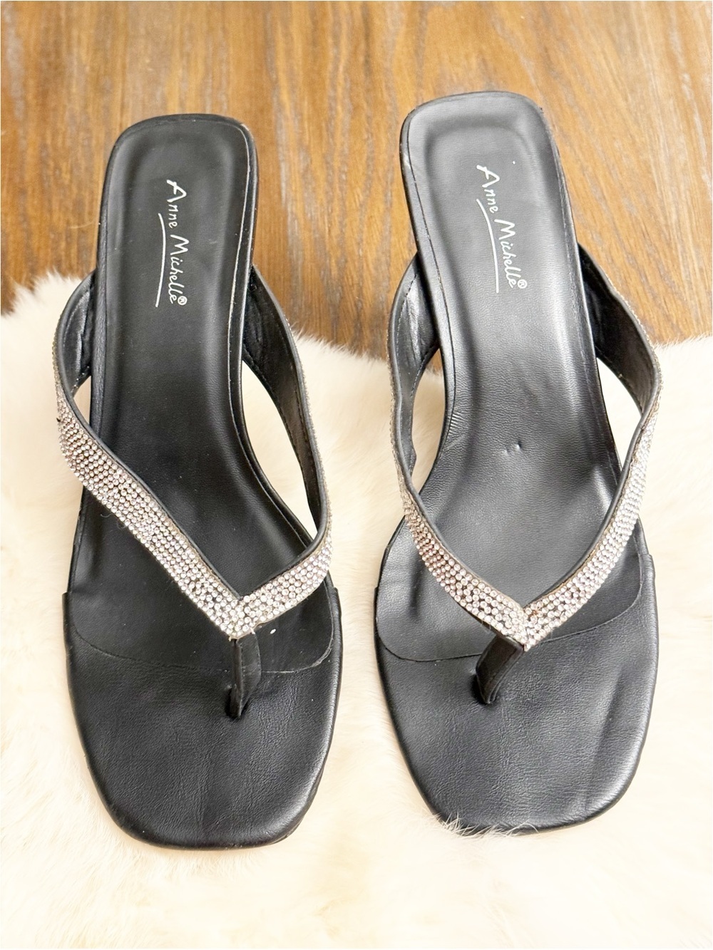 Anne Michelle Black Rhinestone Thong Heeled Sandals Y2K Going Out Size 10